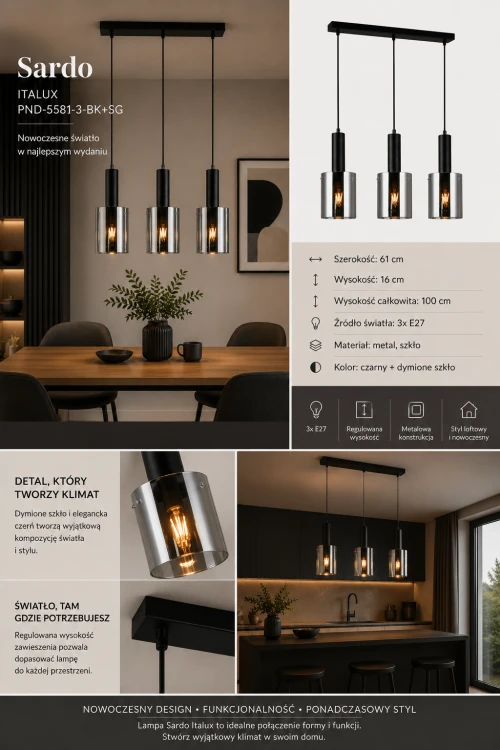 SARDO Italux to designerska lampa wisząca z trzema kloszami z dymionego szkła. Podłużna forma i nowoczesny styl sprawiają, że model świetnie prezentuje się nad stołem, wyspą kuchenną lub w eleganckim salonie.
