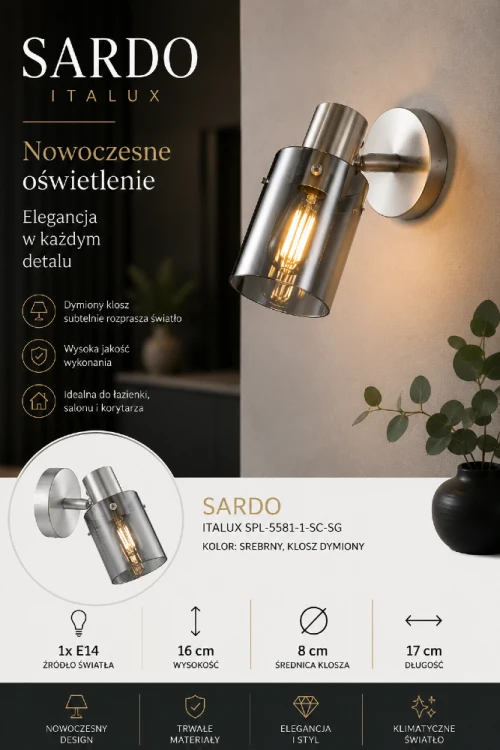 Nowoczesny kinkiet SARDO Italux z dymionym kloszem i srebrnym wykończeniem to idealne oświetlenie do wnętrz loftowych i industrialnych. Stylowa forma doskonale sprawdzi się w salonie, sypialni lub eleganckim korytarzu.