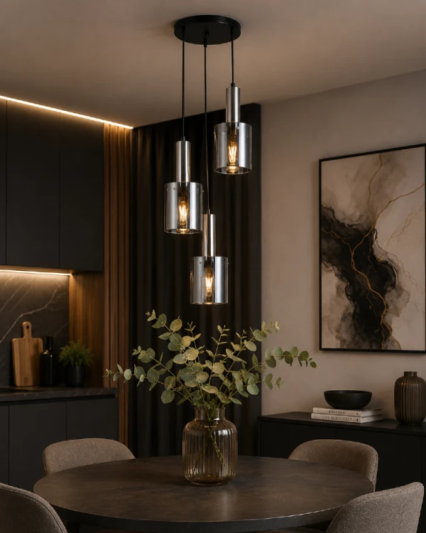 Nowoczesna lampa SARDO 3xE27 marki Italux zachwyca minimalistyczną formą i efektownymi kloszami z dymionego szkła. Styl loftowy oraz eleganckie wykończenie podkreślają charakter nowoczesnych wnętrz.