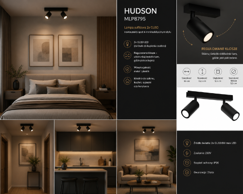 HUDSON MLP8795 Milagro to minimalistyczna lampa sufitowa z dwoma regulowanymi spotami GU10. Czarny matowy kolor oraz nowoczesna forma sprawiają, że doskonale pasuje do wnętrz loftowych, industrialnych i nowoczesnych.