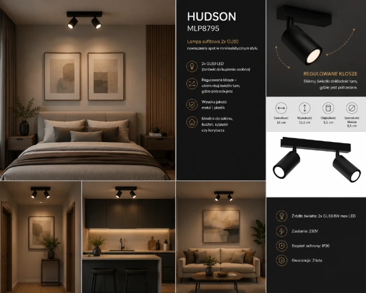 HUDSON MLP8795 Milagro to minimalistyczna lampa sufitowa z dwoma regulowanymi spotami GU10. Czarny matowy kolor oraz nowoczesna forma sprawiają, że doskonale pasuje do wnętrz loftowych, industrialnych i nowoczesnych.