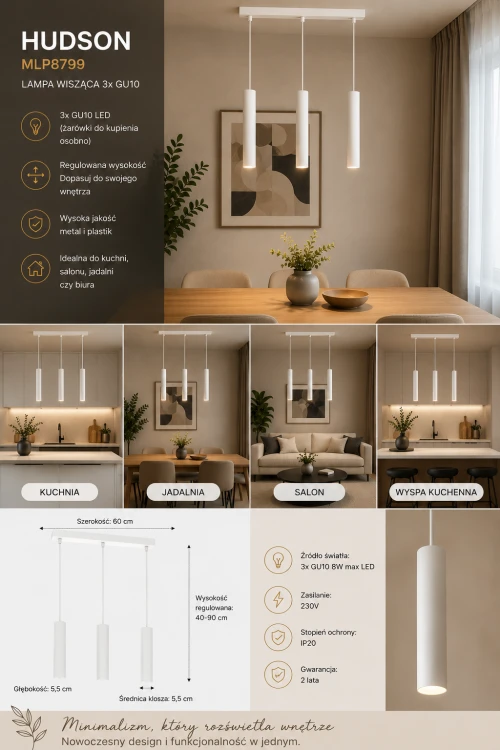 Nowoczesna lampa wisząca HUDSON 3xGU10 w kolorze białym to stylowe i funkcjonalne oświetlenie do nowoczesnych wnętrz. Minimalistyczny design oraz smukłe klosze świetnie pasują do aranżacji skandynawskich i modern.