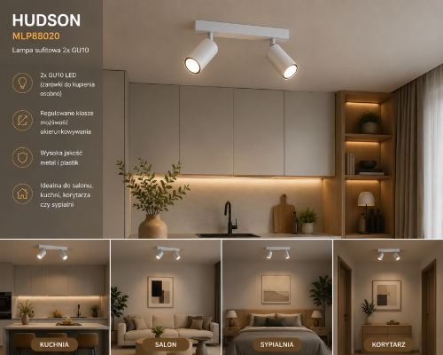 HUDSON MLP8802 Milagro to minimalistyczna lampa sufitowa z dwoma regulowanymi reflektorami GU10. Biały matowy kolor oraz nowoczesna forma doskonale pasują do wnętrz skandynawskich, loftowych i nowoczesnych.