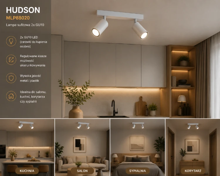HUDSON MLP8802 Milagro to minimalistyczna lampa sufitowa z dwoma regulowanymi reflektorami GU10. Biały matowy kolor oraz nowoczesna forma doskonale pasują do wnętrz skandynawskich, loftowych i nowoczesnych.