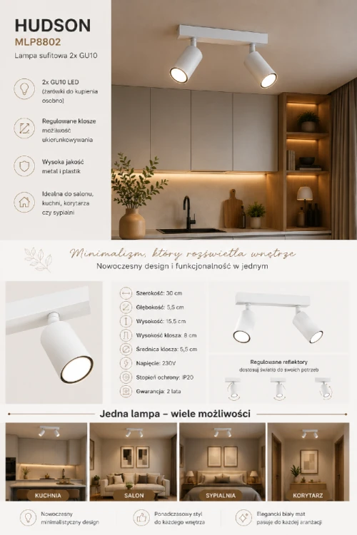 Nowoczesny spot sufitowy HUDSON 2xGU10 w kolorze białym to stylowe i funkcjonalne oświetlenie do domu lub biura. Regulowane klosze oraz minimalistyczny design sprawiają, że lampa pasuje do wielu aranżacji.