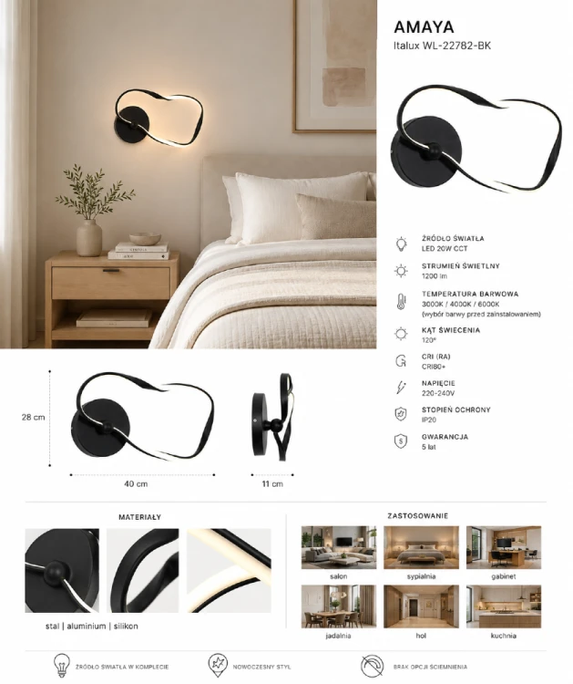 Kinkiet Amaya Italux WL-22782-BK zachwyca nowoczesną falującą formą i eleganckim czarnym wykończeniem. LED 20W CCT, 1200 lm oraz szeroki kąt świecenia 120° sprawiają, że idealnie nadaje się do salonu, sypialni i gabinetu.