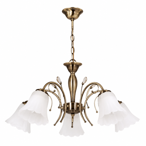 Lampa sufitowa HUGO 5xE27 Venti W-K 1484/5 w kolorze patyny z białymi kloszami to elegancki żyrandol do salonu, sypialni i jadalni. Klasyczny design, metalowa konstrukcja i 5 punktów świetlnych tworzą przytulny klimat wnętrza.