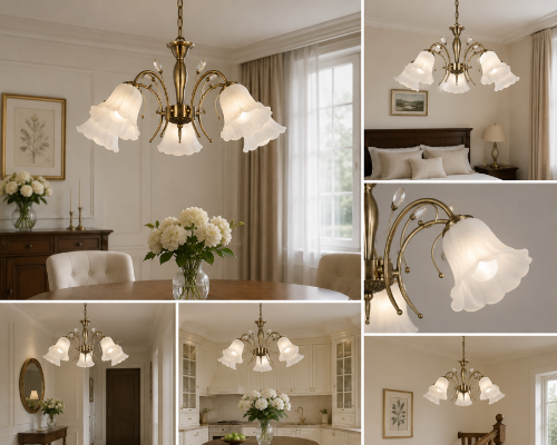 Stylowa lampa sufitowa HUGO 5xE27 patyna z białymi kloszami doskonale pasuje do wnętrz klasycznych, retro i vintage. Średnica 56 cm oraz pięć źródeł światła E27 zapewniają efektowne i funkcjonalne oświetlenie pomieszczenia.
