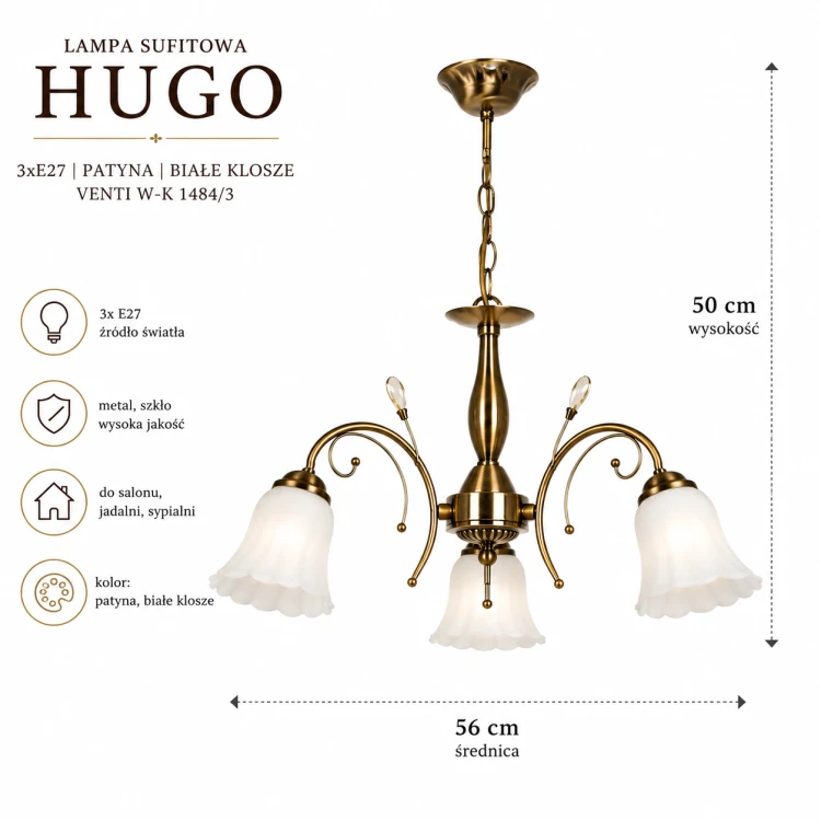 Lampa HUGO 3xE27 patyna biały klosz Venti to eleganckie oświetlenie do stylowych wnętrz. Klasyczne ramiona, szklane klosze oraz dekoracyjne detale sprawiają, że żyrandol pięknie podkreśla charakter pomieszczenia.