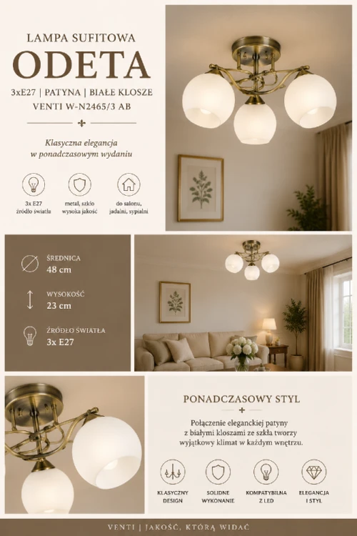 Stylowa lampa sufitowa ODETA 3xE27 patyna z białymi szklanymi kloszami doskonale pasuje do wnętrz klasycznych, retro i vintage. Średnica 48 cm oraz wysokość 23 cm sprawiają, że model idealnie sprawdzi się w domu i mieszkaniu.