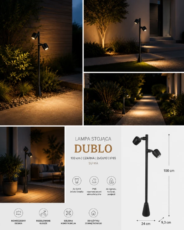 Nowoczesna lampa ogrodowa DUBLO 100 cm w kolorze czarnym to funkcjonalne oświetlenie zewnętrzne z ruchomymi głowicami GU10. Idealna do podjazdu, tarasu i ogrodu. Solidne wykonanie oraz szczelność IP65 zapewniają trwałość.