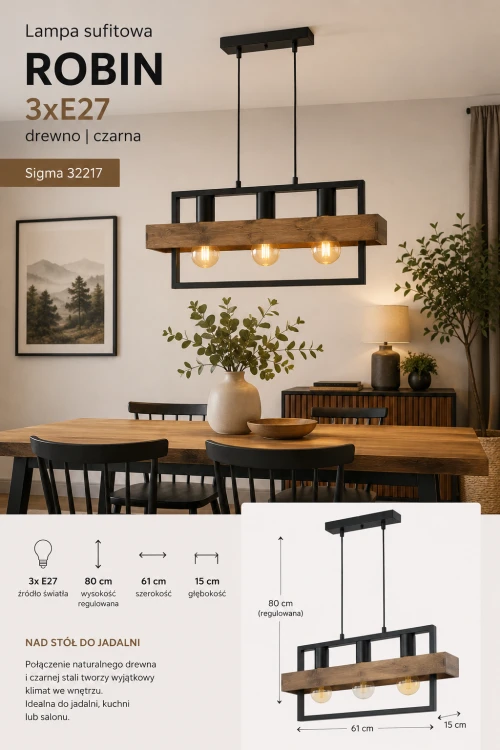 Lampa sufitowa ROBIN 3x60W Sigma 32217 to stylowe połączenie drewna i czerni. Idealna do kuchni, salonu czy jadalni. Regulowana wysokość, trzy gniazda E27 i nowoczesny loftowy design sprawiają, że pasuje do wielu aranżacji wnętrz
