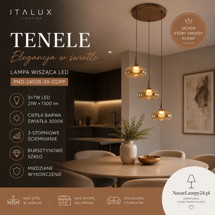 TENELE PND-24028-3A-COPP to designerska lampa wisząca LED z trzema szklanymi kloszami. Miedziane wykończenie, 1300 lm oraz możliwość 3-stopniowego ściemniania czynią ją efektownym oświetleniem nowoczesnych wnętrz.