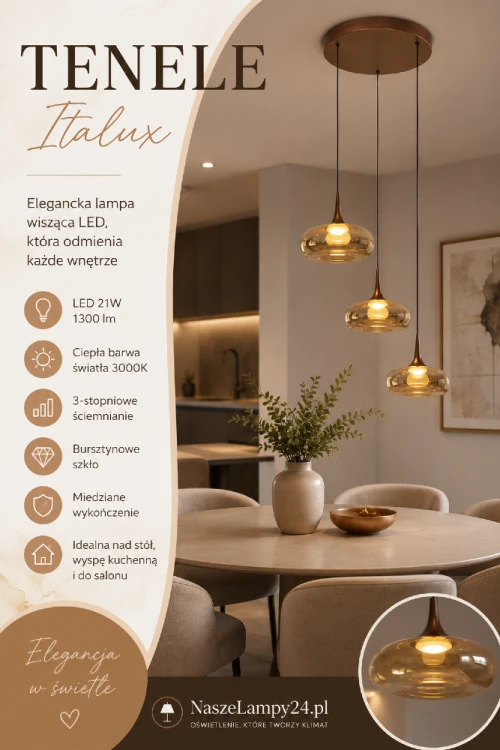Lampa wisząca TENELE Italux z trzema bursztynowymi kloszami i miedzianym wykończeniem zachwyca eleganckim designem. LED 21W, 1300 lm, ciepła barwa 3000K oraz 3-stopniowe ściemnianie sprawiają, że idealnie sprawdzi się nad stołem lub wyspą.