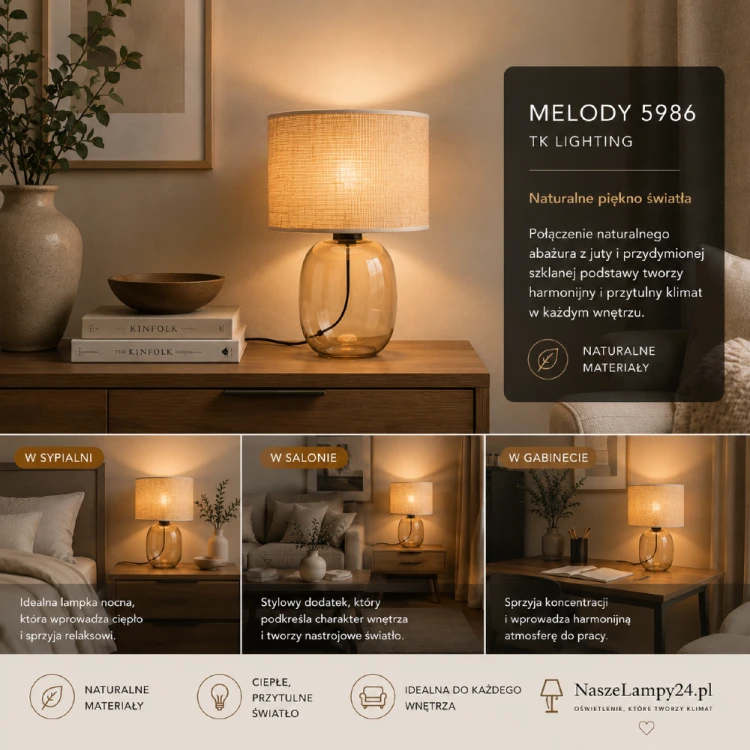 Elegancka lampka stołowa TK Lighting MELODY 5586 z jutowym abażurem i szklaną podstawą w bursztynowym kolorze. Idealna na stolik nocny, komodę lub konsolę. Doskonały wybór do nowoczesnych i naturalnych wnętrz.