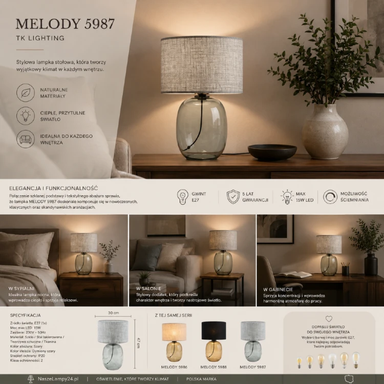 Elegancka lampka stołowa MELODY 5987 marki TK Lighting łączy nowoczesny wygląd z funkcjonalnością. Oprawka E27 pozwala dobrać idealną żarówkę, a grafitowa podstawa dodaje wnętrzu wyjątkowego charakteru.