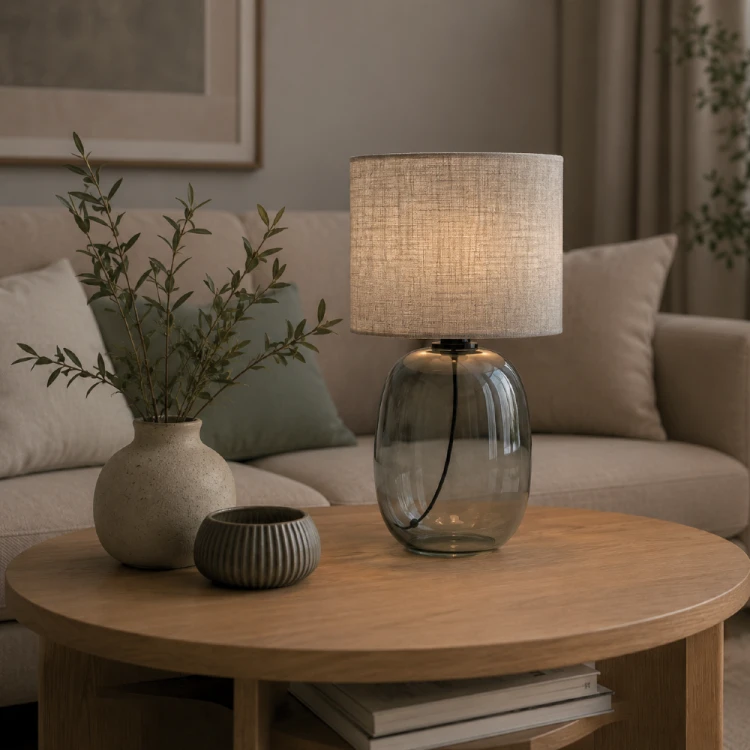 Szukasz designerskiej lampki stołowej? MELODY 5987 TK Lighting to połączenie grafitowego szkła, szarej tkaniny i nowoczesnej formy. Idealna na stolik nocny, komodę lub biurko.