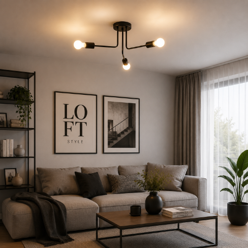 NORAH SL.1450 to stylowa lampa sufitowa wykonana ze stali w kolorze czarnym. Trzy punkty świetlne E27 zapewniają funkcjonalne oświetlenie salonu, jadalni lub sypialni, podkreślając nowoczesny charakter wnętrza.