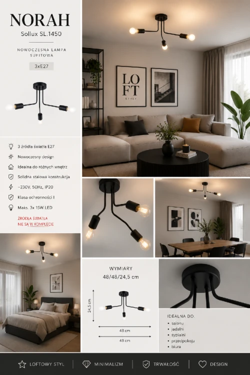 Nowoczesna lampa sufitowa NORAH 3xE27 zachwyca prostą, geometryczną formą. Otwarta konstrukcja pięknie eksponuje dekoracyjne żarówki LED, tworząc efektowne oświetlenie do salonu, gabinetu lub przedpokoju.