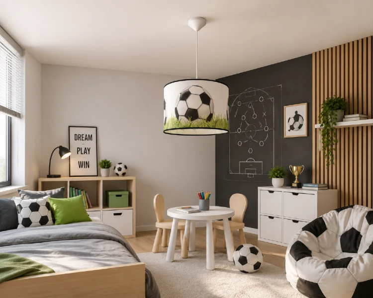 FOOTBALL 40 cm to efektowna lampa dziecięca inspirowana piłką nożną. Kolorowy abażur przyciąga uwagę i doskonale uzupełnia pokój młodego fana futbolu, zapewniając przyjemne oraz funkcjonalne oświetlenie.