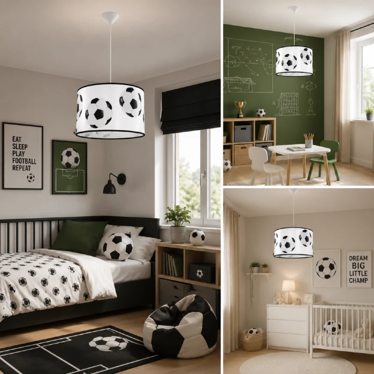 Szukasz lampy do pokoju dziecka? Model FOOTBALL z efektownym motywem piłek nożnych doskonale sprawdzi się w pokoju chłopca lub nastolatka. Średnica 40 cm, lekka konstrukcja z PVC oraz popularny gwint E27 gwarantują wygodne użytkowanie.