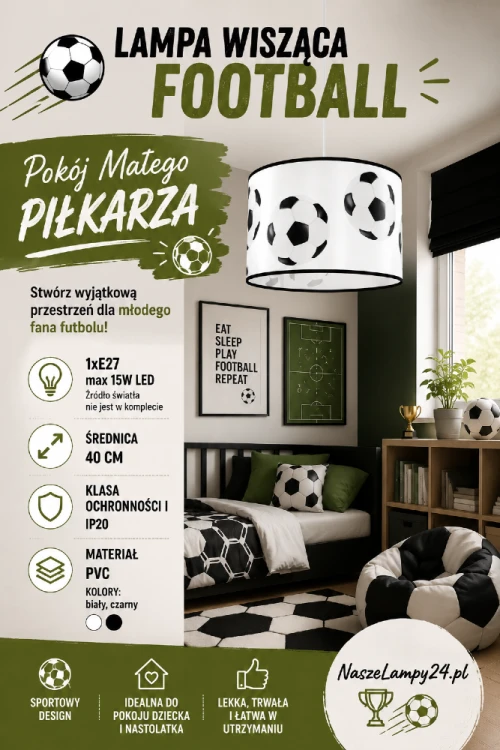 Piłkarska lampa wisząca FOOTBALL 1xE27 to doskonały dodatek do nowoczesnego pokoju dziecięcego. Biało-czarny abażur przyciąga uwagę i podkreśla sportowy charakter wnętrza. Idealna nad łóżko, biurko lub do strefy zabawy.