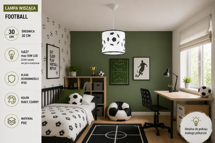 FOOTBALL SL.1424 to nowoczesna lampa dziecięca z motywem futbolowym. Średnica 30 cm sprawia, że doskonale pasuje do pokoju dziecka lub nastolatka. Lekki abażur PVC i uniwersalne kolory tworzą atrakcyjną dekorację wnętrza.