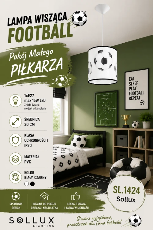 Stwórz wymarzony pokój młodego fana piłki nożnej. Lampa wisząca FOOTBALL Sollux zachwyca sportowym wzorem i funkcjonalnością. Kompatybilna z żarówkami E27 LED, doskonale sprawdzi się jako główne oświetlenie pokoju.