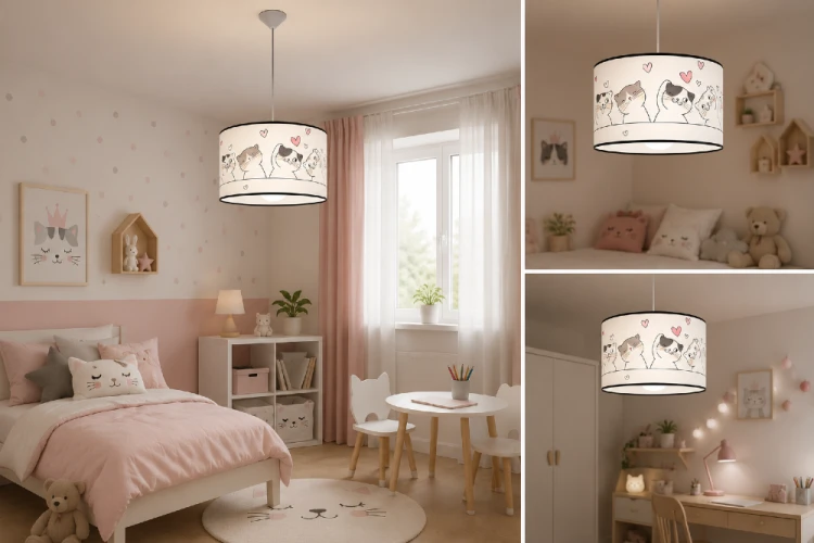 Urocza lampa dziecięca z motywem kotów i serduszek to połączenie funkcjonalności oraz dekoracyjnego designu. Wykonana z trwałego PVC, wyposażona w gwint E27, doskonale pasuje do pokoju dziewczynki lub kącika zabaw.