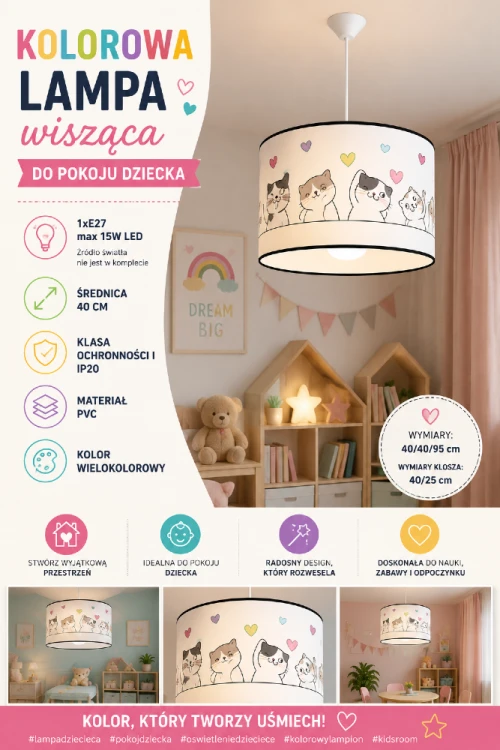 Lampa wisząca z kotkami stworzy przytulną i radosną atmosferę w pokoju dziecka. Wielokolorowy wzór przyciąga uwagę, a średnica 40 cm sprawia, że model idealnie sprawdzi się jako główne oświetlenie pokoju dziecięcego.