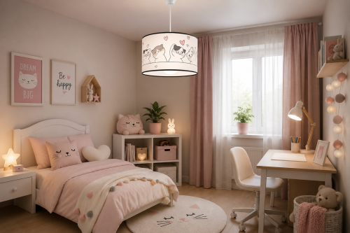 Stwórz wyjątkowy pokój dla miłośnika zwierząt. Lampa CAT 30 cm zachwyca kolorowym wzorem kotków, który ożywia wnętrze i nadaje mu dziecięcego uroku. Idealna do pokoju dziewczynki, chłopca, przedszkola lub kącika zabaw.