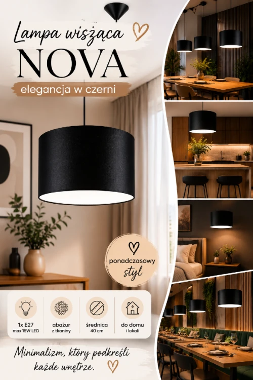 Szukasz eleganckiego oświetlenia nad stół? Lampa NOVA 40 cm wyposażona w oprawkę E27 idealnie sprawdzi się w jadalni, salonie, kuchni lub lokalu gastronomicznym. Prosta forma podkreśla charakter wnętrza.