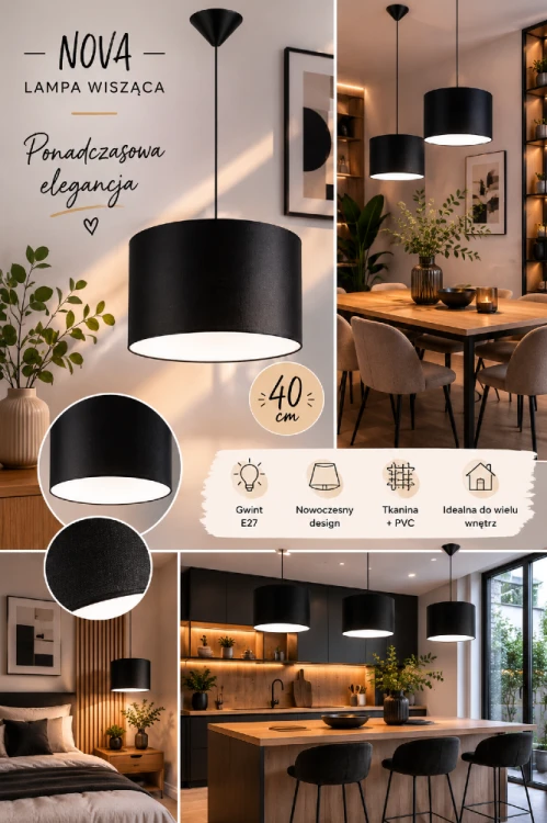 Lampa wisząca NOVA w czarnym kolorze to doskonały wybór dla osób ceniących minimalizm. Duży abażur o średnicy 40 cm zapewnia efektowny wygląd i przyjemne światło, które buduje wyjątkowy klimat pomieszczenia.