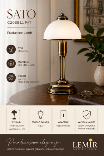 Stylowa lampka nocna SATO Lemir zachwyca ponadczasową formą i eleganckim wykończeniem w kolorze patyny. Biały klosz ze szkła alabastrowego zapewnia miękkie światło, tworząc przytulny klimat w każdym wnętrzu.
