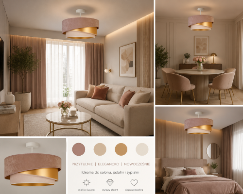 Stylowa lampa sufitowa KOBO to połączenie elegancji i nowoczesnego designu. Beżowy zamszowy abażur oraz złote wykończenie dodają wnętrzu ciepła i luksusowego charakteru. Doskonała do modnych aranżacji modern classic i glamour.