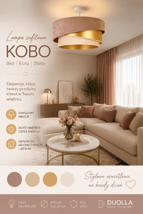 Lampa sufitowa KOBO 1xE27 wyróżnia się eleganckim zamszowym abażurem i złotym wnętrzem klosza. Doskonale komponuje się z wnętrzami w stylu japandi, glamour oraz modern classic, tworząc przytulną atmosferę każdego dnia.