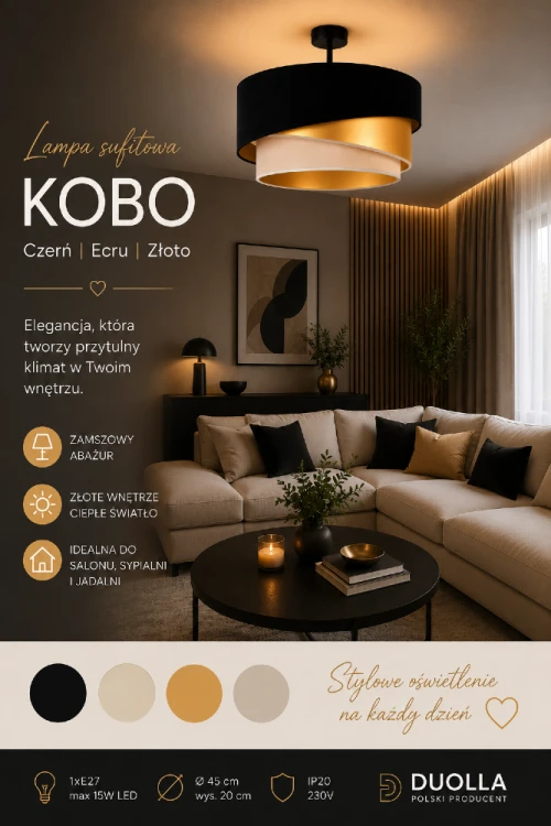 KOBO 606226 marki Duolla to wyjątkowa lampa sufitowa z efektownym wielowarstwowym abażurem. Złote wnętrze klosza podkreśla ciepło światła, tworząc przyjemną atmosferę w salonie, sypialni, jadalni lub gabinecie.