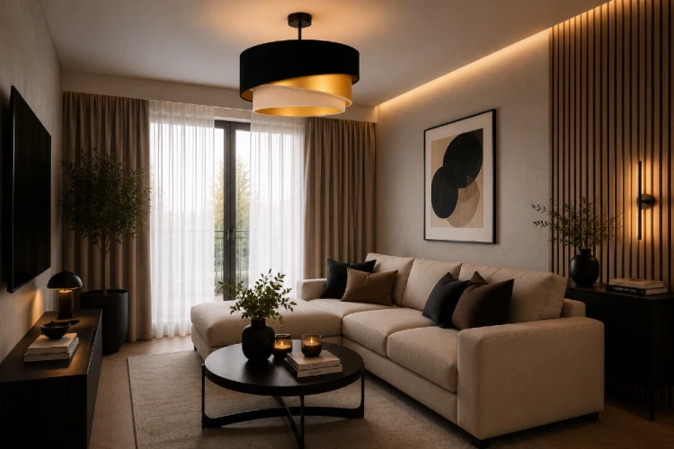 Lampa sufitowa KOBO to idealne rozwiązanie dla osób ceniących eleganckie dodatki do wnętrz. Czarny abażur, złote akcenty i subtelne ecru sprawiają, że oprawa doskonale komponuje się z nowoczesnymi aranżacjami.