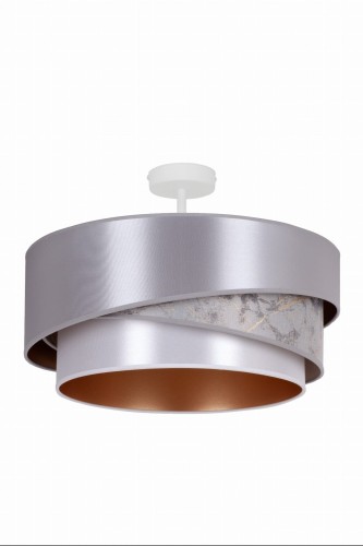 Lampa sufitowa KOBO 605502 Duolla zachwyca eleganckim połączeniem szarego marmuru, szarej organzy i białego atłasu. Złote wnętrze klosza tworzy przyjemne światło, idealne do salonu, sypialni i jadalni. Oprawa 1xE27 LED.