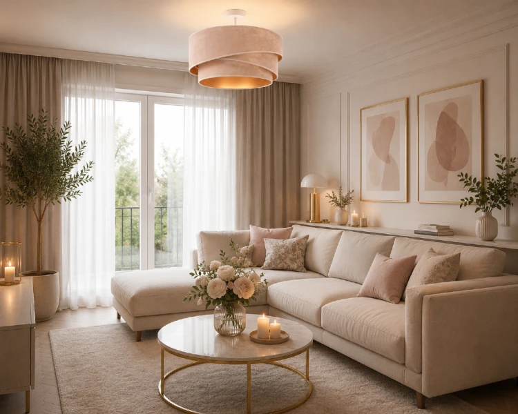 Stylowa lampa sufitowa KOBO z zamszowym abażurem ecru i złotym wnętrzem. Idealna do salonu, jadalni i sypialni. Gwint E27 LED do 15W, średnica 45 cm, IP20. Subtelna elegancja do wnętrz.
