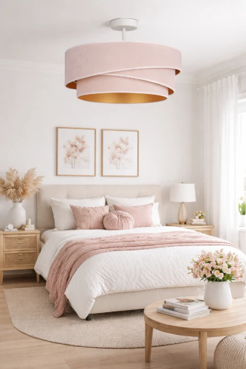 Stylowa lampa sufitowa KOBO z zamszowym abażurem ecru i złotym wnętrzem. Idealna do salonu, jadalni i sypialni. Gwint E27 LED do 15W, średnica 45 cm, IP20. Subtelna elegancja do wnętrz.