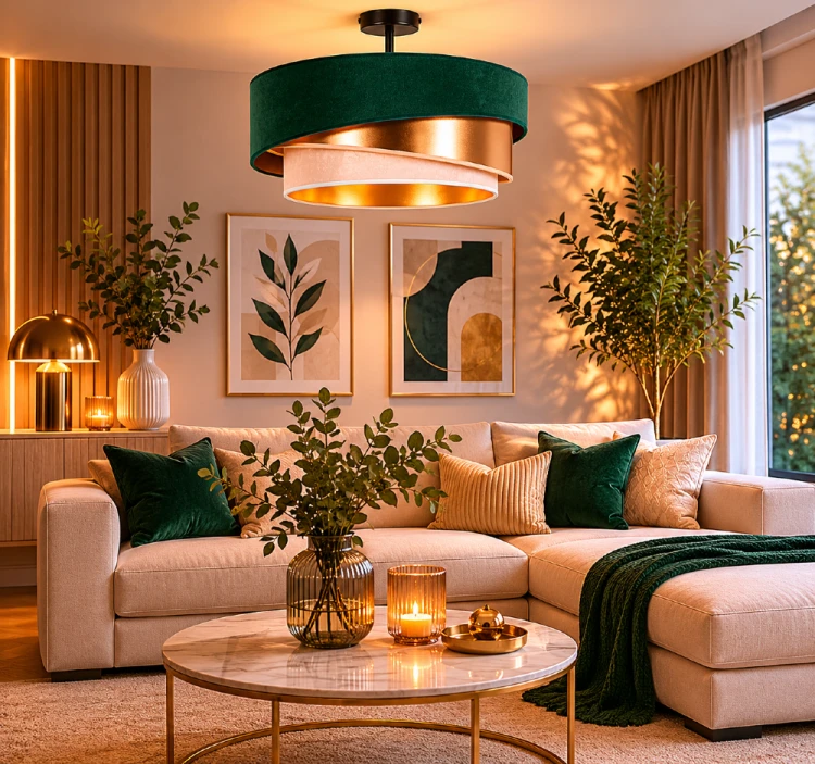 Szukasz wyjątkowej lampy do salonu? KOBO 1xE27 w kolorze zielonym, ecru i złotym przyciąga wzrok nowoczesnym designem. Doskonale sprawdzi się w sypialni, jadalni oraz eleganckim gabinecie.