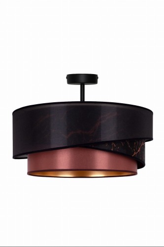 Lampa sufitowa KOBO 605496 Duolla zachwyca eleganckim połączeniem czarnego marmuru, czarnej organzy i miedzianego atłasu. Designerski abażur nadaje wnętrzu luksusowy charakter. Idealna do salonu, sypialni i jadalni. Oprawa 1xE27 LED.