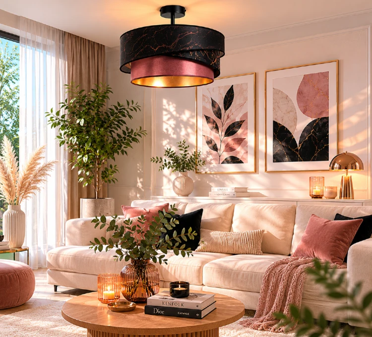 Nowoczesna lampa sufitowa KOBO to wyjątkowe oświetlenie inspirowane elegancją marmuru. Połączenie czerni i miedzianych akcentów tworzy efektowną dekorację wnętrza. Doskonała do aranżacji glamour, modern classic oraz art déco.