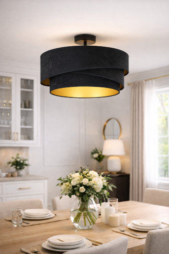 Lampa sufitowa KOBO 605434 Duolla zachwyca eleganckim czarnym zamszowym abażurem oraz złotym wnętrzem klosza. Tworzy ciepły klimat i doskonale sprawdzi się w salonie, sypialni oraz jadalni. Oprawa 1xE27 LED, średnica 45 cm.