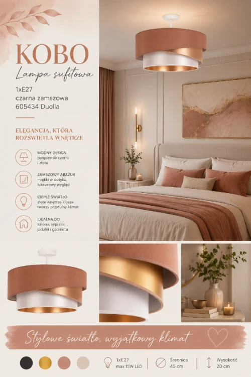 Nowoczesna lampa sufitowa KOBO łączy subtelne odcienie różu i bieli ze złotymi detalami. Idealna do wnętrz glamour, modern classic oraz soft luxury. Doskonale sprawdzi się jako główne oświetlenie pomieszczenia.
