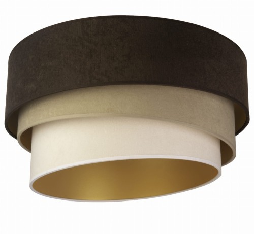 Lampa sufitowa DEVON 80238 Duolla zachwyca eleganckim połączeniem brązu, beżu i ecru. Trójwarstwowy zamszowy abażur oraz złote wnętrze klosza tworzą przytulny klimat, idealny do salonu, sypialni i jadalni.
