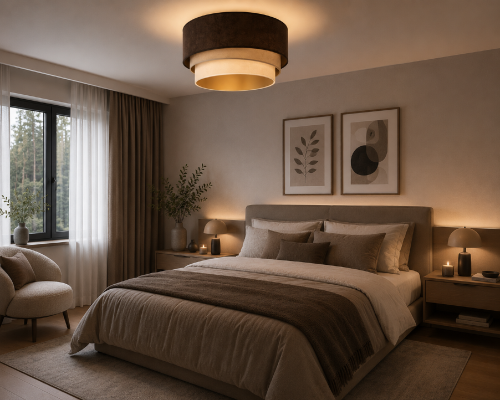 DEVON Duolla to wyjątkowa lampa sufitowa inspirowana naturalnymi kolorami ziemi. Brązowy, beżowy i ecru abażur nadają wnętrzu elegancji, a złote wnętrze klosza zapewnia ciepłe i przyjemne światło.