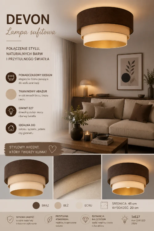 Lampa DEVON 1xE27 marki Duolla łączy elegancję z funkcjonalnością. Złote wnętrze abażura subtelnie odbija światło, tworząc przyjazną atmosferę sprzyjającą odpoczynkowi i codziennemu komfortowi.