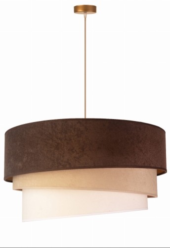 Lampa wisząca DEVON 80245 Duolla zachwyca eleganckim połączeniem brązu, beżu i ecru. Zamszowy abażur oraz złote wnętrze klosza tworzą przytulną atmosferę, idealną do salonu, sypialni, jadalni i stylowych wnętrz.
